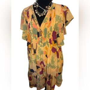 Maeve Yellow Floral V-Neck Pintuck Short Sleeve dress